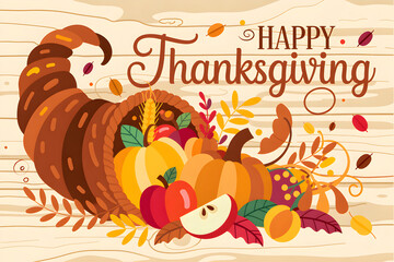 Naklejka premium Cornucopia overflowing with pumpkins, apples, and autumn bounty for happy thanksgiving