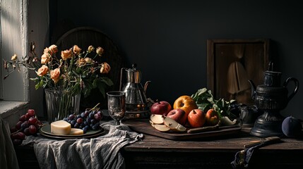 Rustic kitchen still life with fruits and candlelight