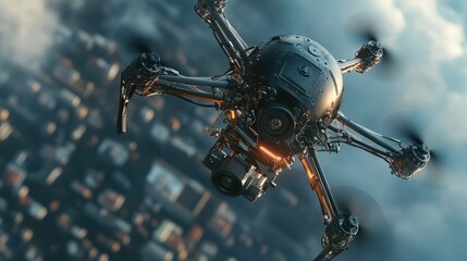 Fototapeta premium Futuristic drone soars above a cityscape.