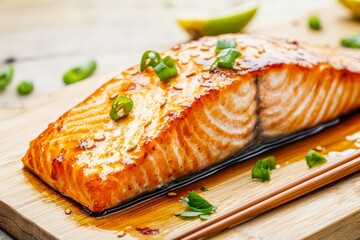 Freshly cooked salmon fillet garnished with herbs on a wooden board.