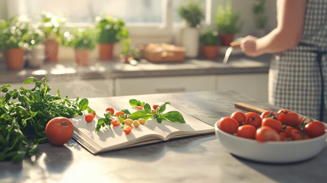 Fresh Ingredients and Cooking Inspiration in Bright Kitchen with Herbs, Vegetables, and Open Recipe Book