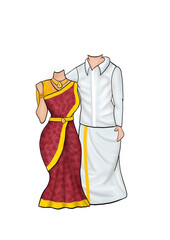 PNG caricature of a South Indian couple with woman in red saree and man in white shirt and dhoti, great for weddings and traditional themes.