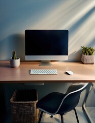 Fototapeta premium A bright, minimalist desk setup with plants boosts work motivation.