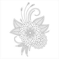 A detailed line art illustration of a floral arrangement featuring large flowers, leaves, and decorative swirls. Ideal for coloring books or design projects.