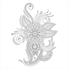 A detailed black and white line art illustration featuring intricate floral designs, leaves, and swirling patterns. Ideal for coloring books or artistic projects.