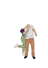 Caricature PNG of a hugging couple in casual wear, ideal for romantic cards, love-themed digital art, and personalized couple projects.