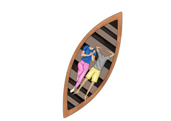 A romantic caricature couple cuddling in a boat, great for love-themed projects, relationship gifts, anniversaries, and digital romantic artwork.