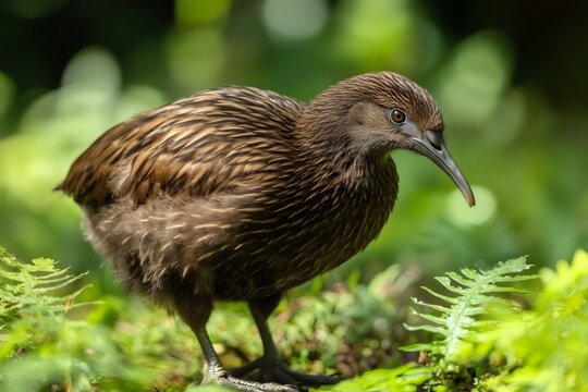 Weka rail bird foraging in lush green new zealand forest