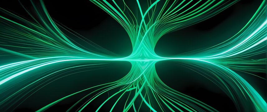 Glowing tech themed abstract art with dynamic streams of glowing green and cyan digital lines weaving intricately