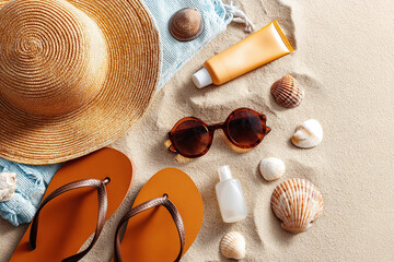 Summer beach essentials including a straw hat and flip flops on warm sandy shore