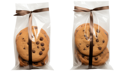 Two bags of chocolate chip cookies tied with brown ribbon on a transparent background presented nicely png