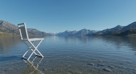 Solitude by the Lake: A White Chair in a Mountain Landscape