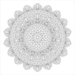 A detailed black and white mandala design featuring intricate patterns and floral elements, suitable for coloring or artistic projects.