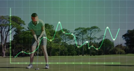 Woman golfer preparing putt on putting green, with business dashboard line chart overlay - Powered by Adobe
