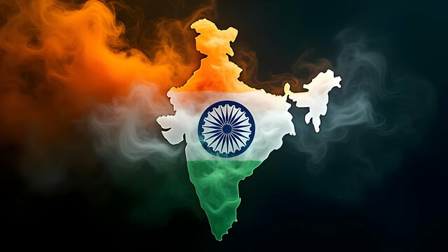 An artistic depiction of India's map formed by swirling smoke, colored in the national flag's saffron, white, and green.  A powerful visual representing national pride and identity.