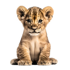 Fototapeta premium Adorable lion cub sitting and looking forward, isolated on transparent background