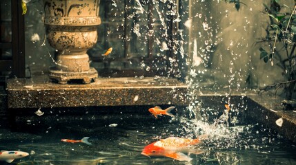 Koi fish splashing in decorative outdoor fountain
