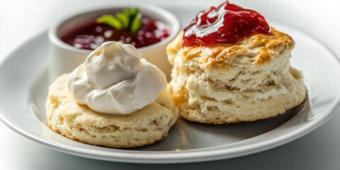 a warm scones with a flaky texture, topped with a dollop of clotted cream and strawberry jam in white backround