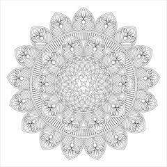 A detailed black and white mandala design featuring intricate floral patterns and symmetrical shapes, suitable for coloring or artistic projects.