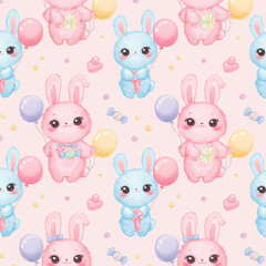 Adorable Pink and Blue Bunny Seamless Pattern Cute Cartoon Rabbits with Balloons and Candy for Kids