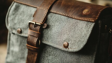 Worn grey satchel bag with brown leather strap close up view