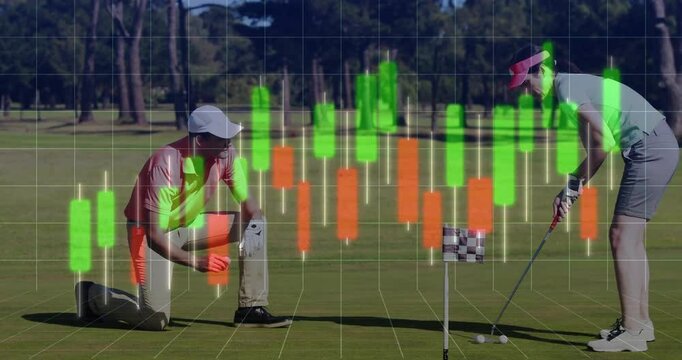 Male golfer kneeling beside female golfer putting on green, showing finance chart overlay