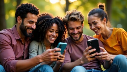 Fototapeta premium Diverse group of friends enjoying each other's company on smartphones, connection, millennials, multicultural