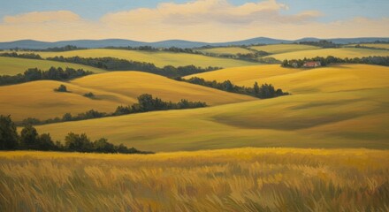 Obraz premium Rolling golden hills landscape sunny day peaceful scenery painting