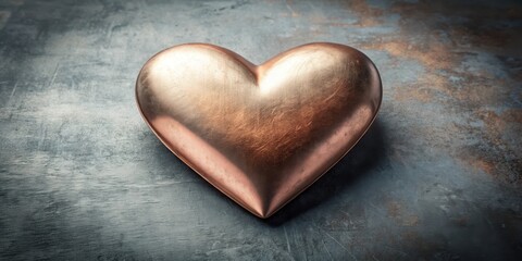Fototapeta premium A shiny metallic heart shape made of copper or silver metal with a smooth finish and subtle texture, partially exposed to light to reveal its inner surface, metallic material, industrial aesthetic