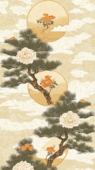 Vertical Asian-inspired design with pine trees, flowers, and circles