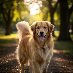 Obraz premium a Golden Retriever radiating warmth and friendliness with its open smile and bright eyes, its golden fur beautifully illuminated against a gently blurred backdrop of green and soft sunlight