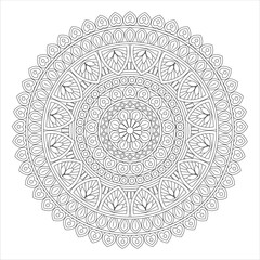 A detailed black and white mandala design featuring intricate patterns of leaves and floral motifs, suitable for coloring or artistic projects.