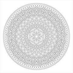 A detailed black and white mandala design featuring intricate patterns, circles, and floral motifs arranged in concentric circles. Ideal for coloring or artistic projects.