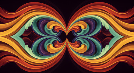 Fototapeta premium Symmetrical Pattern Of Fluid Multicolor Streams With Organic Shape Isolated On Black