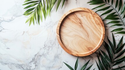 Marble flatlay with tropical palm leaf and wooden plate