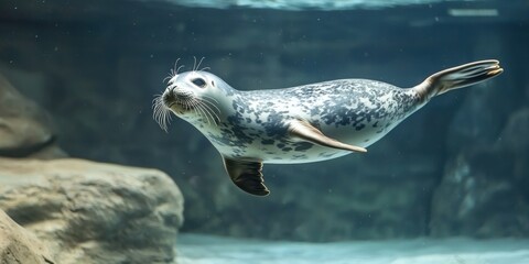 Obraz premium A young harbor seal diving and twisting in the water, enjoying the movement of the tide