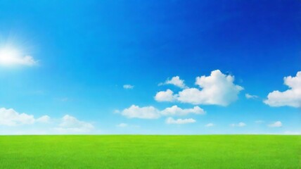 Fototapeta premium Blue sky background, short green grass for the subject, sunny day