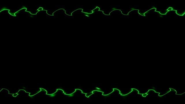 Frame, long wavy rectangular horizontal patterns - top - bottom, green lines of lightening and darkening light on a black background. Space for your own content.
