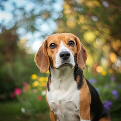 A charming portrait of a Beagle with its characteristic tri-color coat, featuring warm brown eyes and floppy ears, set against a soft, bokeh background of colorful flowers and foliage