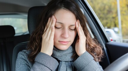 Migraine. Tired woman with headache sitting in a car in the driver's seat, holding her hands on her temples and feeling discomfort