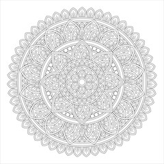 A detailed mandala design featuring intricate floral patterns and geometric shapes, suitable for coloring or artistic projects. The design is symmetrical and circular, with layered elements.