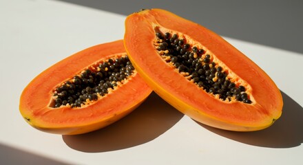 Halved Papaya on White Background Shows Juicy Pulp and Seeds