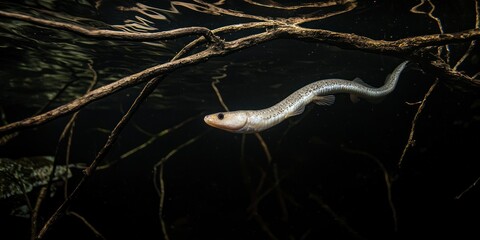 An electric eel swimming through the dark waters of the Amazon River, its sleek body gliding through submerged branches