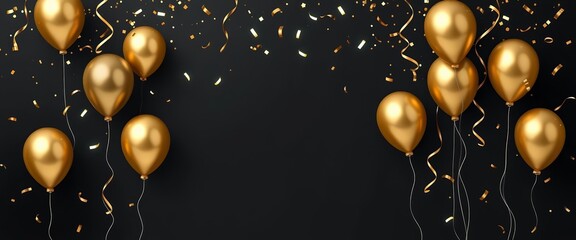Elegant black background with gold balloons and confetti, perfect for party invitations, background, decor