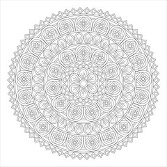 A detailed black and white mandala design featuring intricate floral patterns, geometric shapes, and circular motifs. Ideal for coloring or artistic projects.