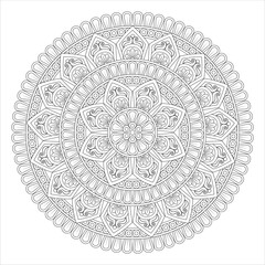 A detailed black and white mandala design featuring intricate floral patterns and geometric shapes, suitable for coloring or artistic projects.
