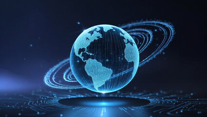 Obraz premium Digital earth technology globe with circuit board and orbital rings concept