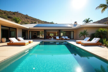 Fototapeta premium Modern Solar Homes in Spring and Summer Landscapes ,Eco-Friendly Living and Renewable Energy Concepts.