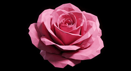 Geometric Pink Rose, Minimalist Polygon Design on Dark Background, Isolated Blossom