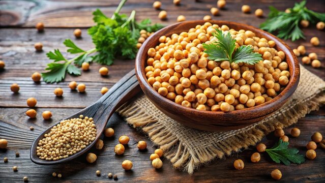 Chickpeas in a bowl with scattered cumin seeds and coriander leaves, surrounded by a warm and inviting atmosphere